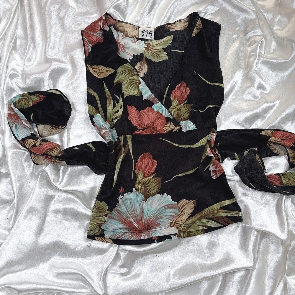 y2k Top Black Excellent 5-7-9 Vintage Tropical Floral Wrap Tie Sleeveless XS